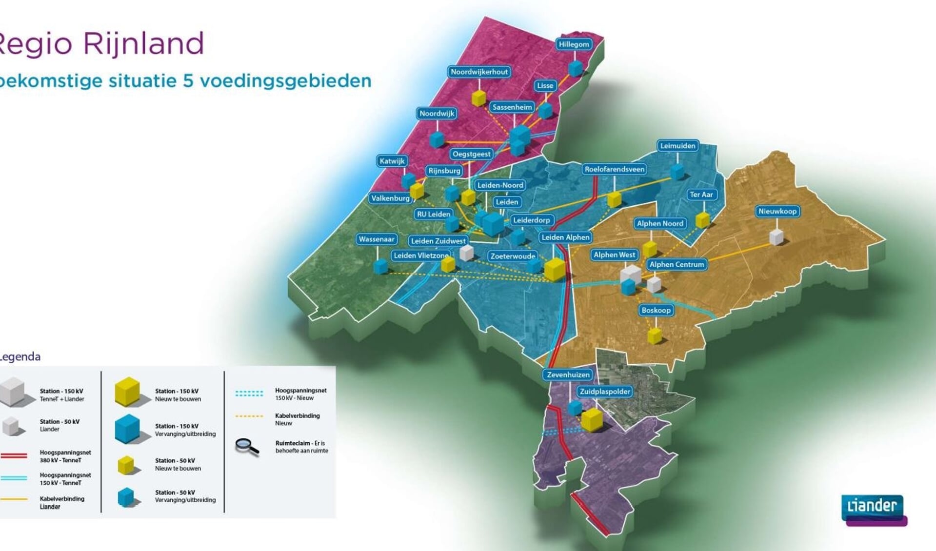 Het elektriciteitsnetwerk moet de komende jaren fors uitgebreid worden. Nu nog is de regio verdeeld in drie voedingsgebieden; Bollenstreek, Leiden en Alphen. Dat moeten er vijf worden. | Foto: Liander