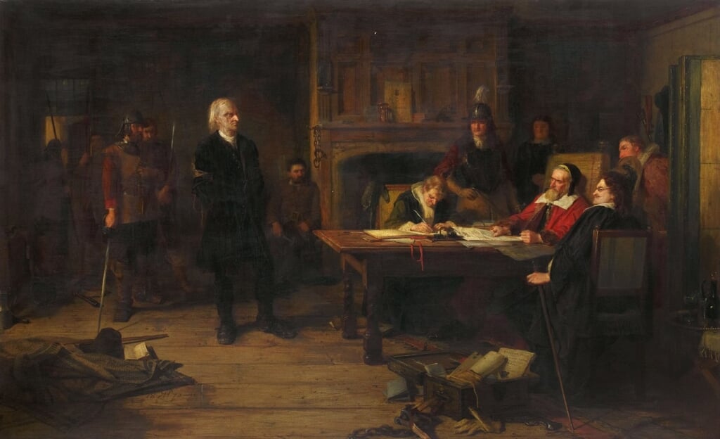 Een huiskamerbijeenkomst in de 17de eeuw. Schilderij van Robert Inerarity Herdman (1829 – 1888).