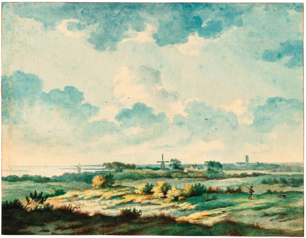 Uitzicht op Lisse vanuit het noordwesten laat allemaal duinen zien. Schilderij van A.J. Eijmer 1803