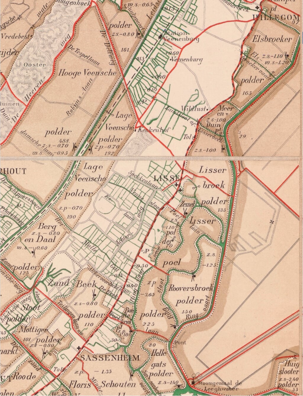 Kaart uit 1884 van het Hoogheemraadschap (HHR) Rijnland met de polders van Lisse (B-0004).