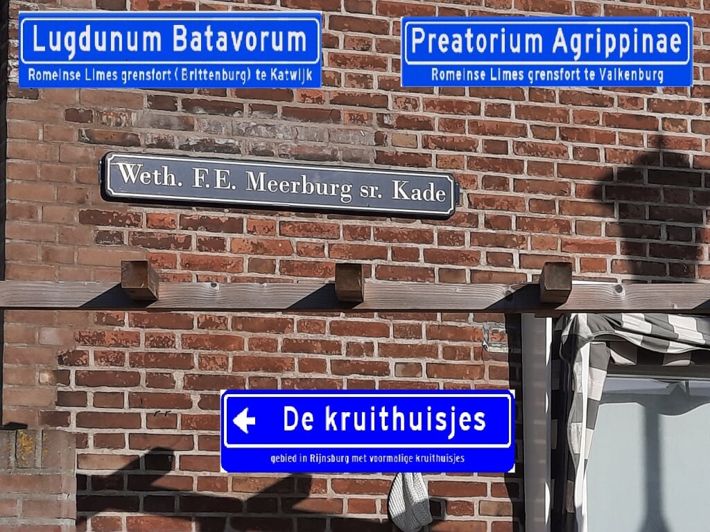 De naam van de Meerburgkade is ingekort. Alleen het onderschrift ontbreekt nog aan dit bordje. Op de inzetjes de bordjes voor nieuwe ‘wegen’. | Foto: SKvD