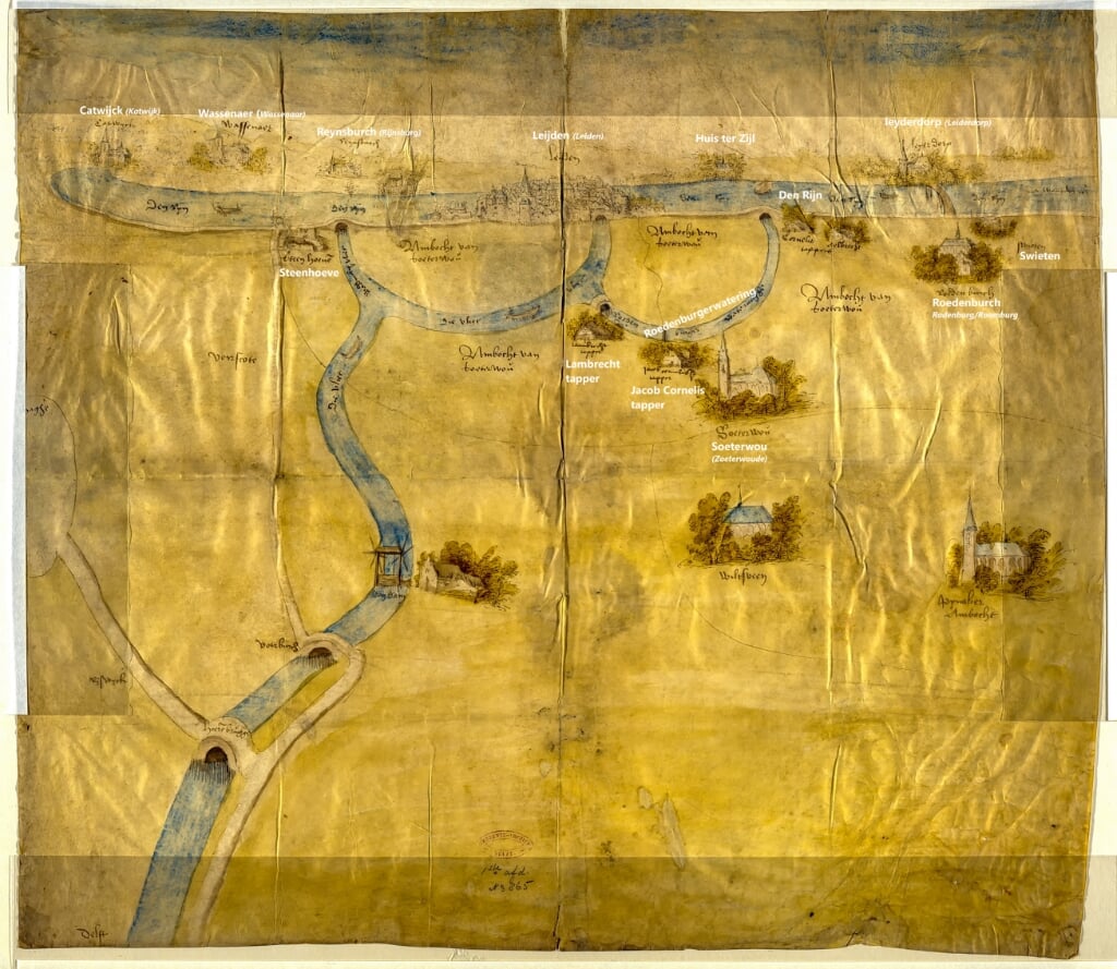 Kaart van de stad 'Leijden' uit plm. 1522 door onbekende maker. | Bron: Stadsarchief Delft  (Voor de leesbaarheid zijn de plaatsnamen in witte letters toegevoegd.)
