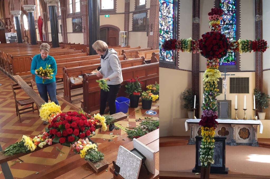 Nel Hesselberth en Helma Boskamp aan het werk met de bloemen en het kruis. | Foto’s: pr