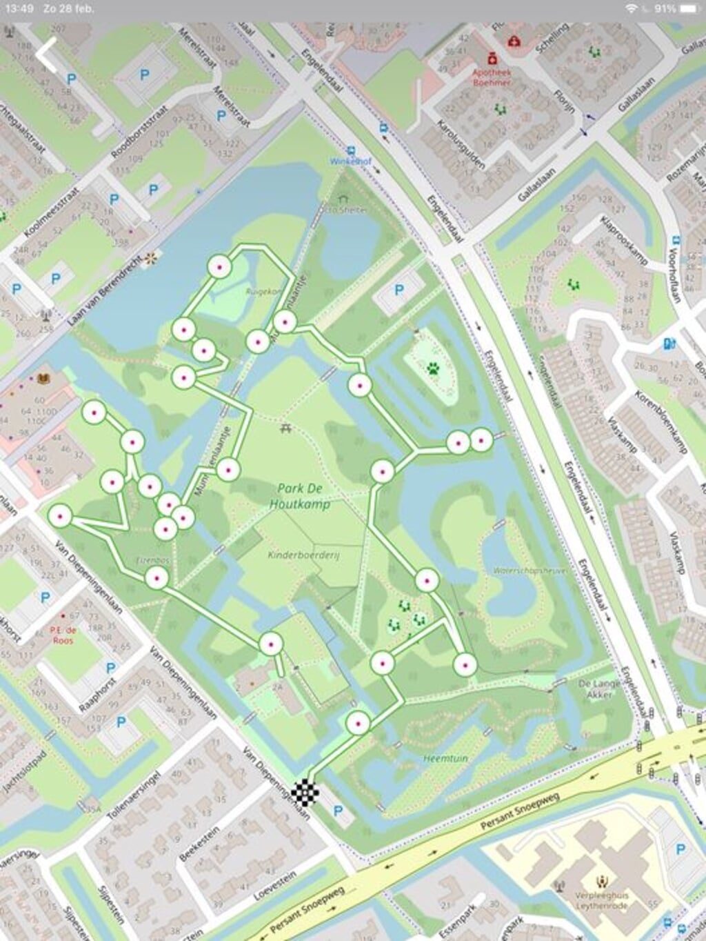 Screenshot van de IVN Routes App van een eerdere wandeling in de Houtkamp.