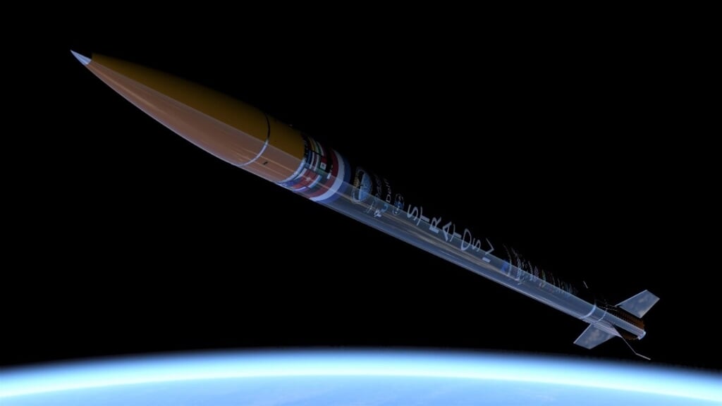 Een simulatie van de Stratos IV raket op zijn hoogste punt.