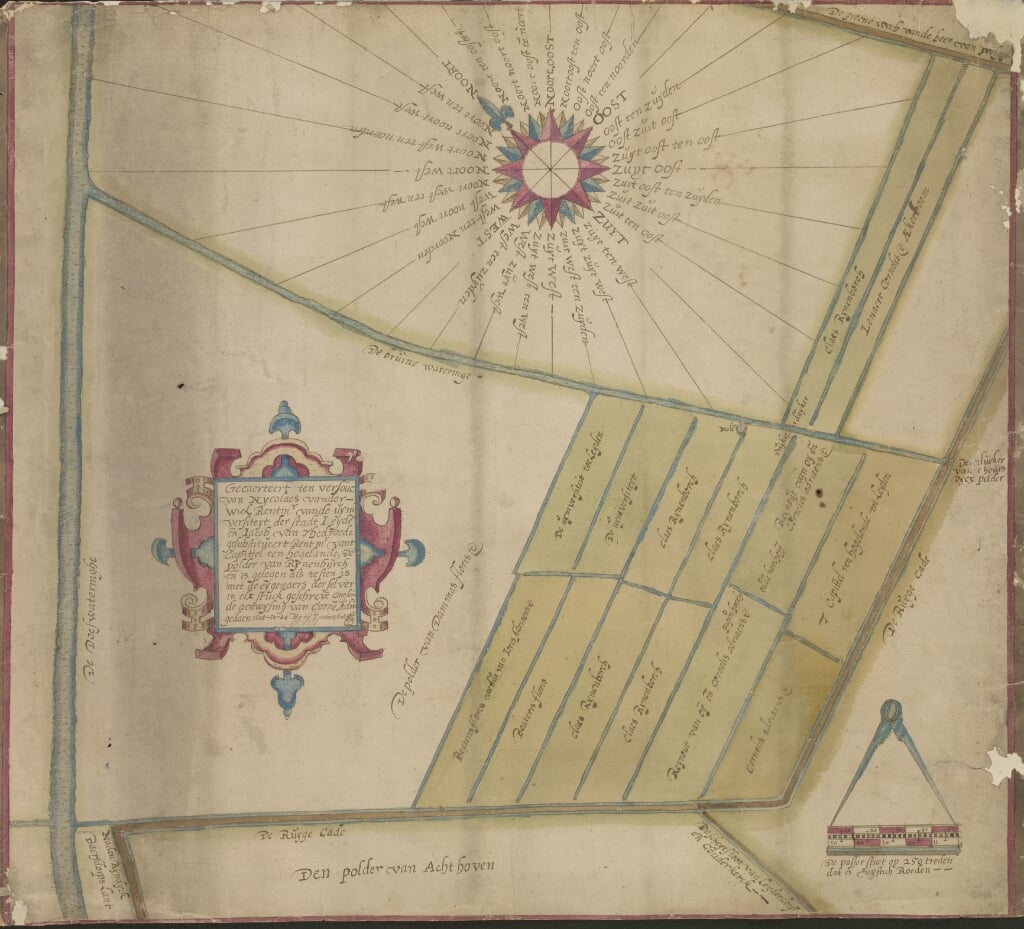 Kaart van de Does-en Voorofschepolder tussen de Ruigekade, Groeneweg en Doeswetering, gemaakt door Jan Pietersz Dou in 1605. | Bron: ELO