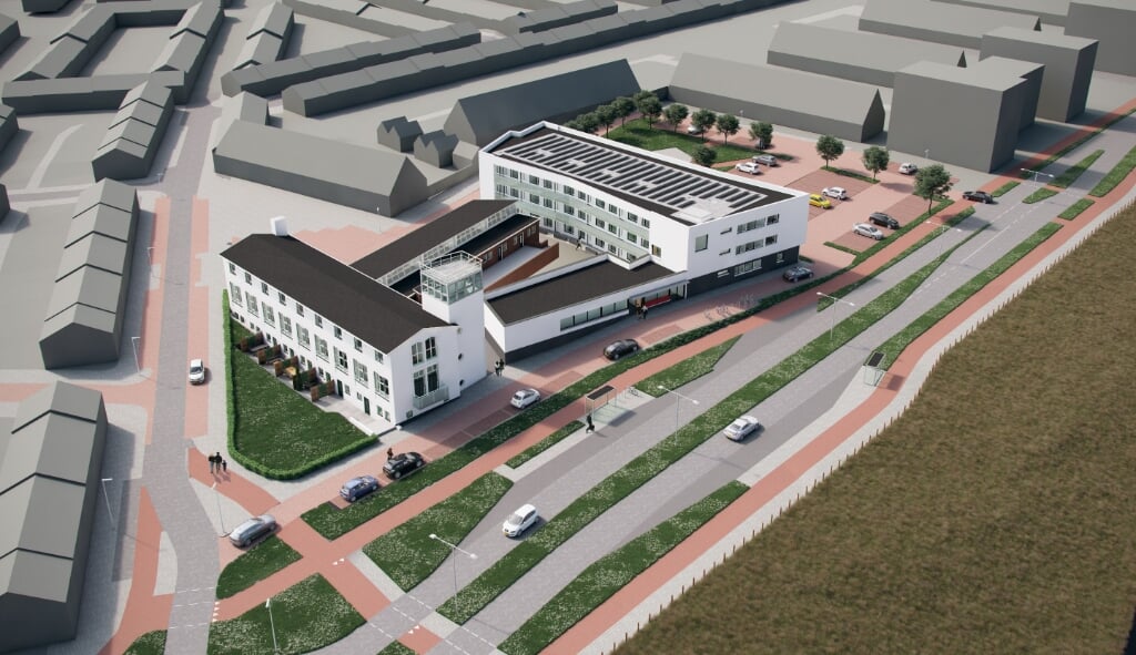Impressie van de nieuwe Visserijschool met rechts de appartementen. | Illustratie: pr