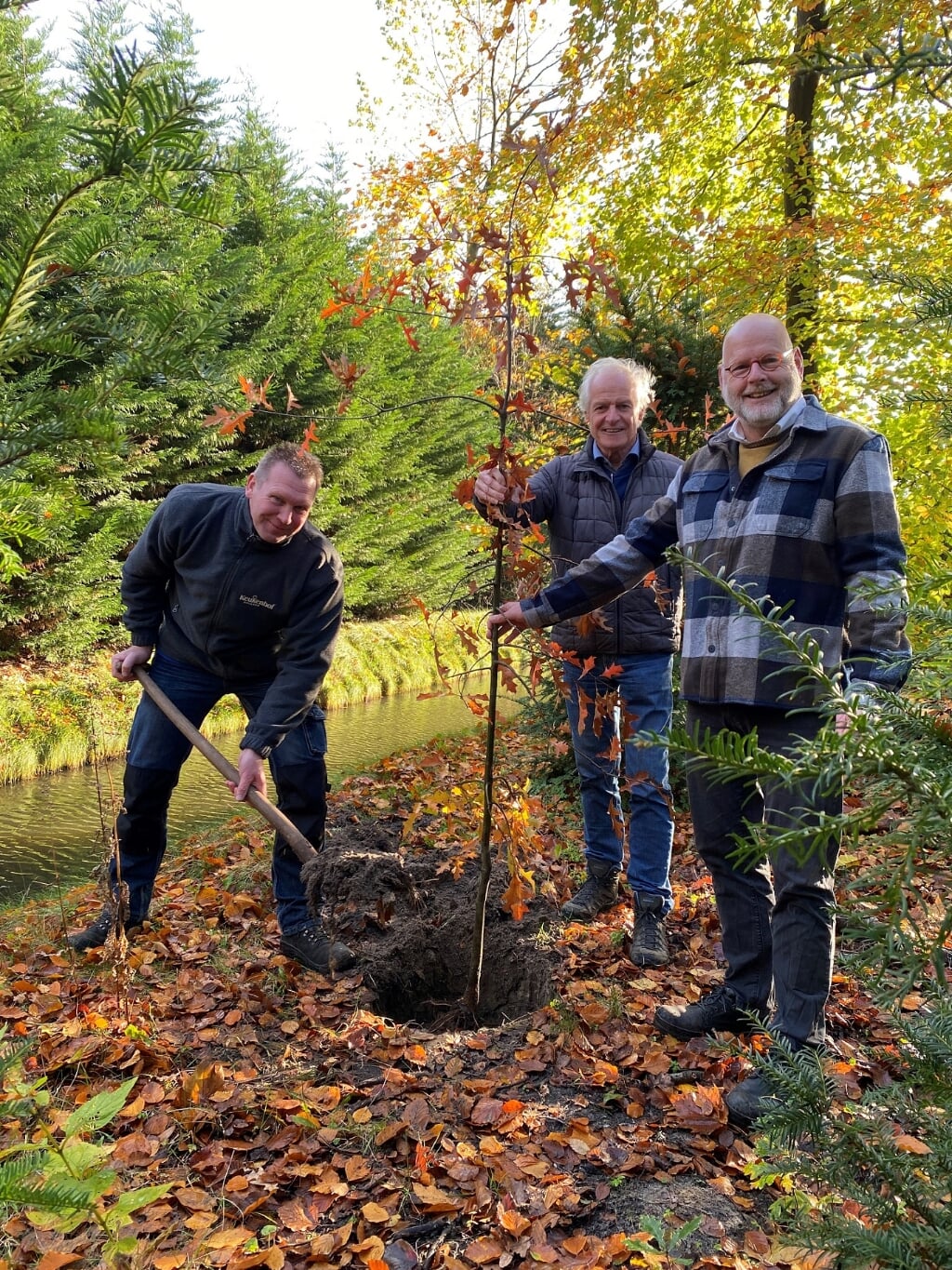 Stefan Slobbe, Ted Wiegman en Henk de Mooij plantten symbolisch de eerste boom in het park van Keukenhof. | Foto: pr