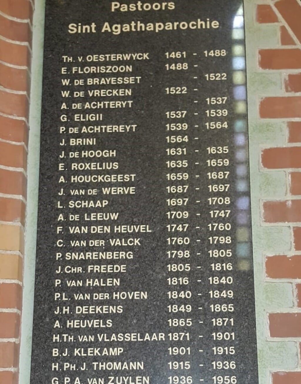 Alle pastoors van de Agathakerk vanaf 1461 tot 1956 staan op deze foto. De lijst hangt naast de ingang naar de kerkzaal. | Foto: Nico Groen
