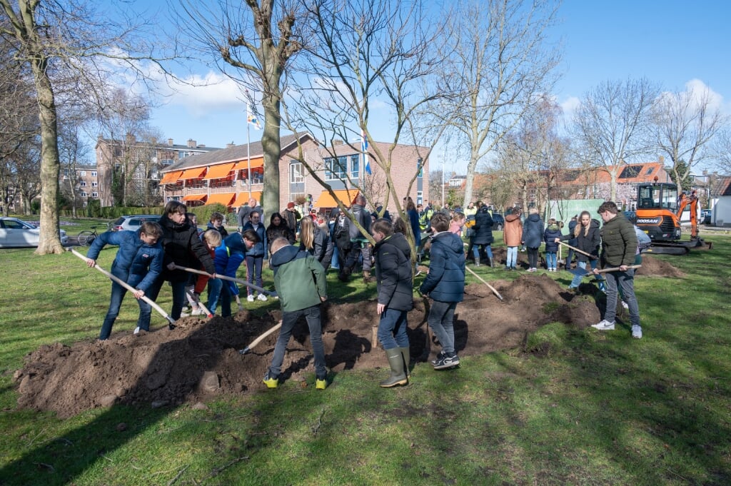 Samen schepten de leerlingen van de Hofdijckschool aarde bij de bomen om de gaten geheel te dichten. | Foto Wim de Winter