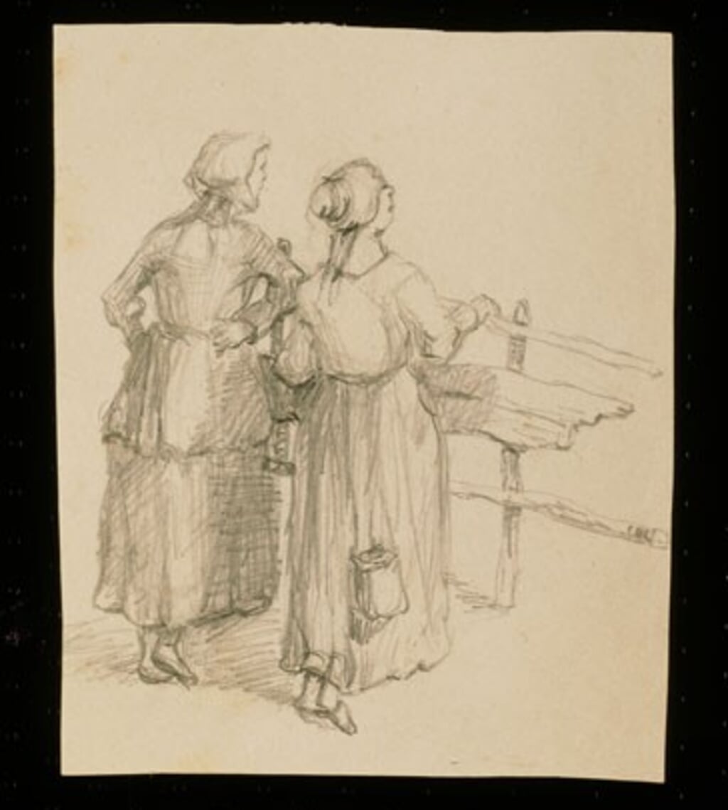 Twee kledenbleeksters. Tekening van J. van Looij. | Bron:  Rijksdienst Cultureel erfgoed 
