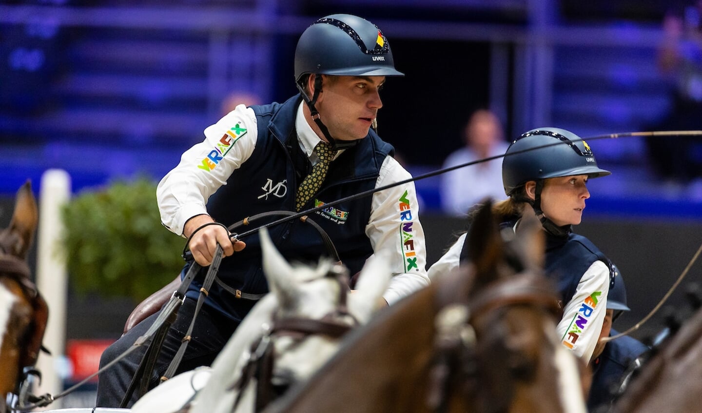 Dries Degrieck (BEL) with on the carriage Anne Boterberg and Frederic de Bruyne
Horses 2A Hunter, 2B Incitato XV-30, 2C Kane B, 2D Leon
FEI Driving World Cup Lyon 2022
© DigiShots