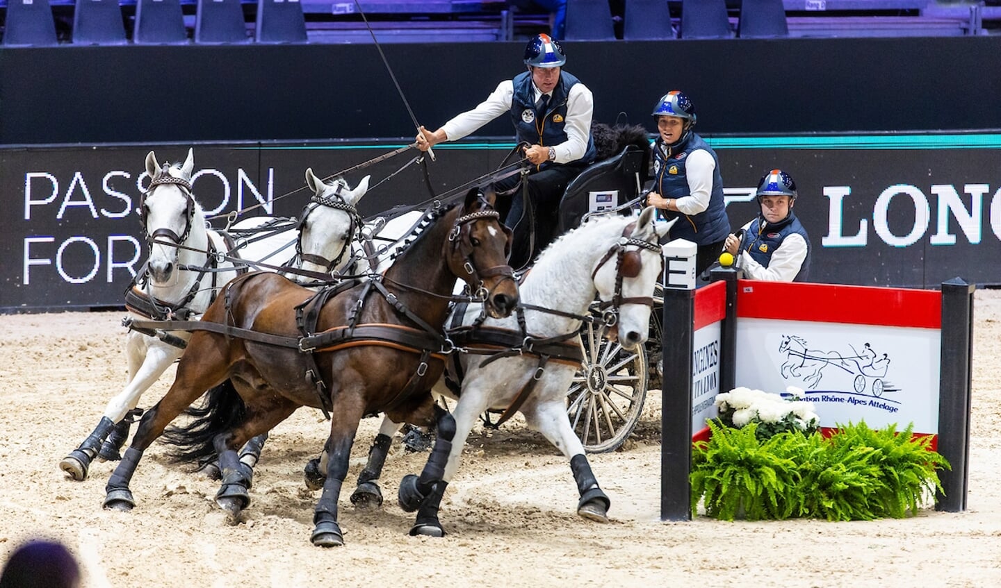 Koos de Ronde (NED) with on the carriage Marie de Ronde Oudemans and Martin Beenhakker
Horses 5A 178. Maestoso Zenta XI 8, 5B Favory Allegra Futter, 5C Favory Mokany, 5E Tjibbe
FEI Driving World Cup Lyon 2022
© DigiShots