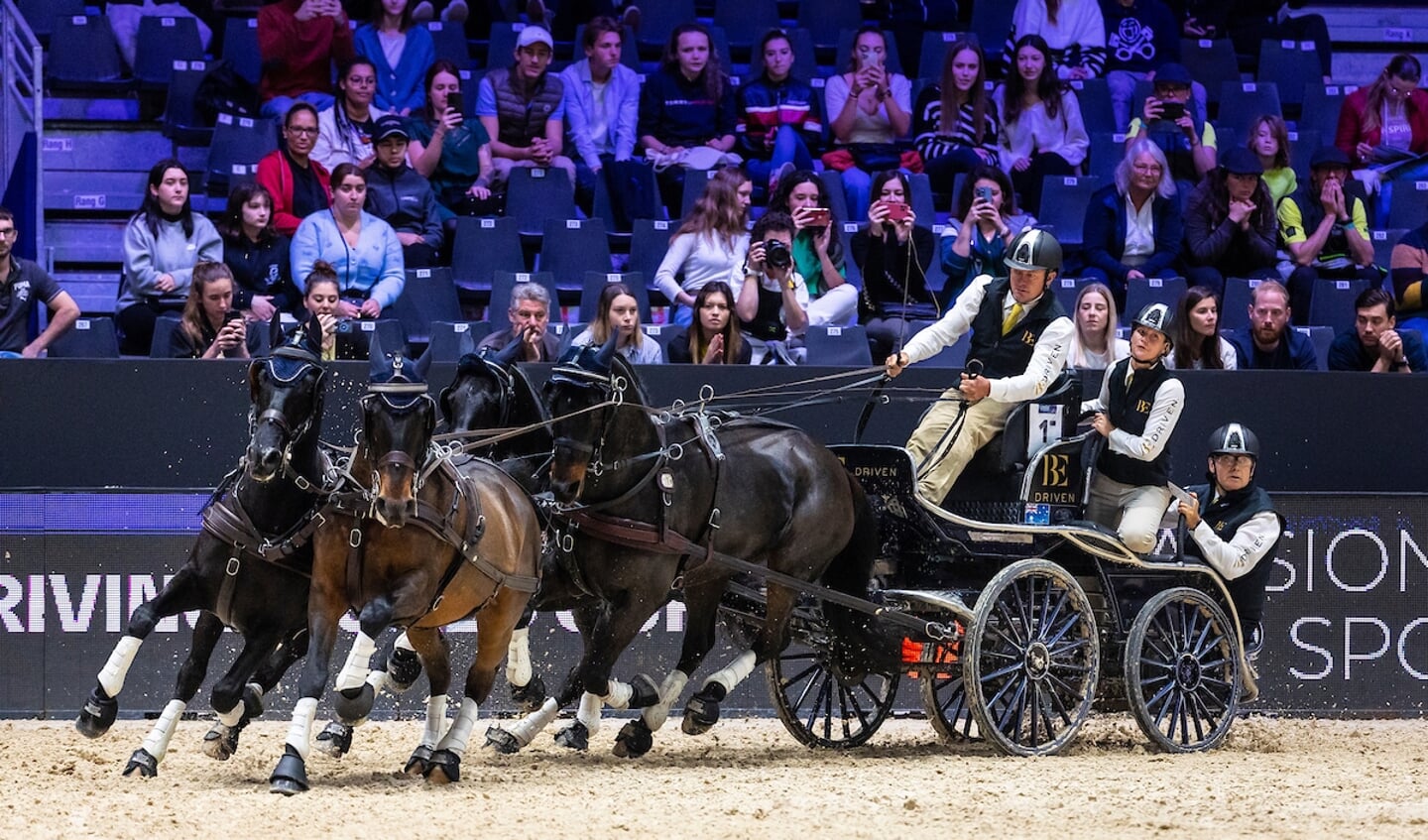 Boyd Exell (AUS) with on the carriage Emma Olsson and Hugh Scott Barrett
Horses 1A Bajnok, 1D Maestoso Jupiter, 1C Mad Max, 1B Barny
FEI Driving World Cup Lyon 2022
© DigiShots