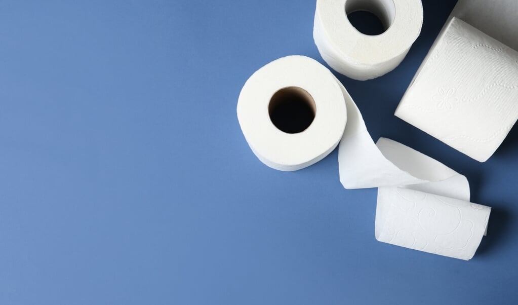 Toilet paper rolls and space for text on color background, top view