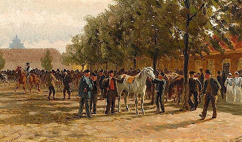 De paardenmarkt in Delft, geschilderd door Cornelis Albertus Johannes Schermer (1824-1915). Bron, Artvalue.com