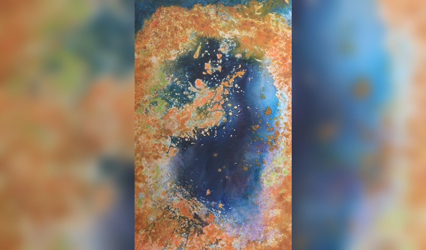 Acrylschilderij, mixed media, 75 x 110 cm n.a.v. foto’s van korstmos op basaltstenen 