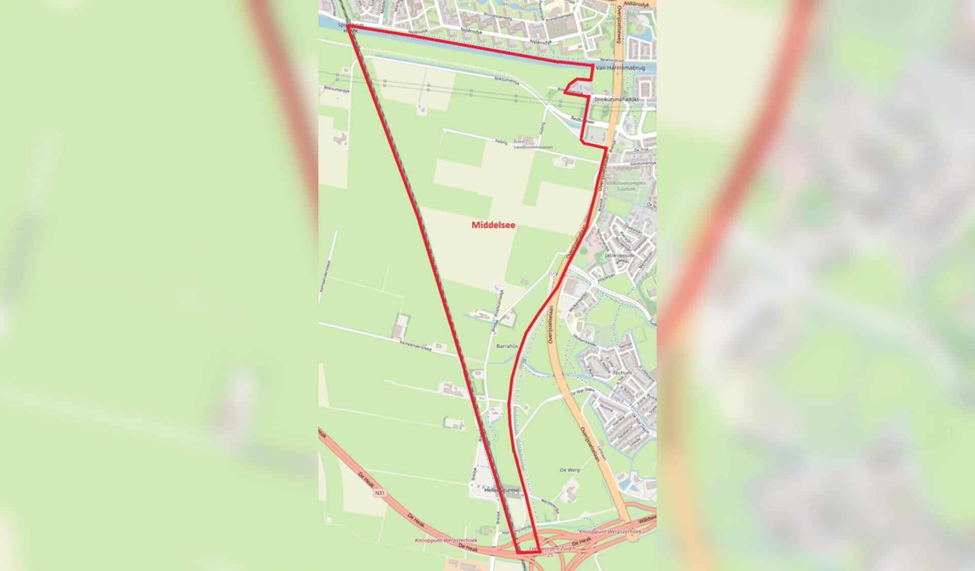 De contouren van de beoogde nieuwe woonwijk Middelsee ten zuiden van Leeuwarden. Rechts op de kaart ligt Goutum.