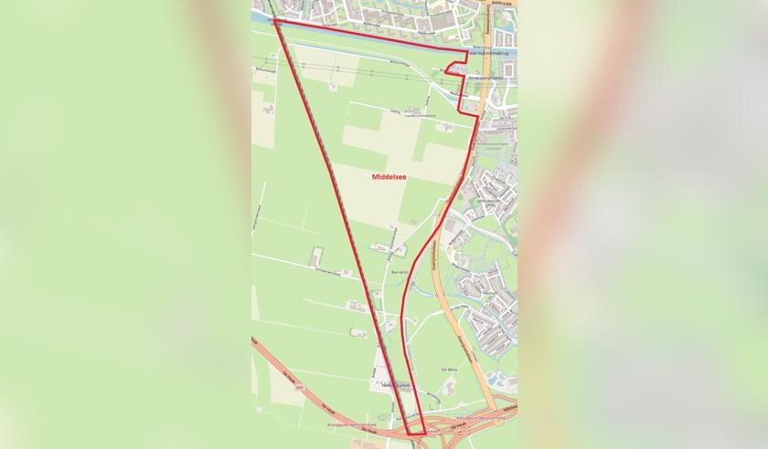 <p>De contouren van de beoogde nieuwe woonwijk Middelsee ten zuiden van Leeuwarden. Rechts op de kaart ligt Goutum.</p>