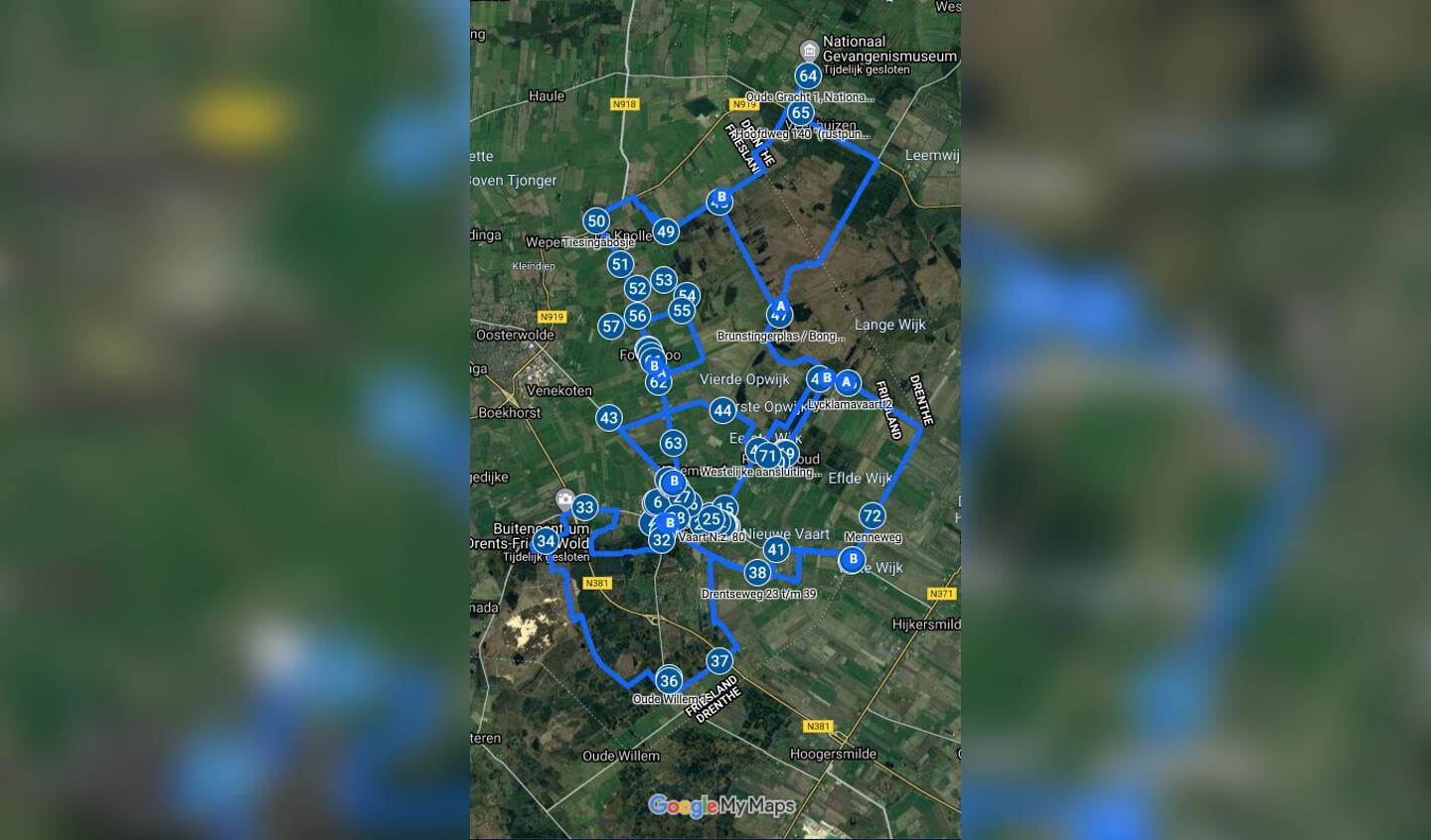 De route op hoofdlijnen. Kijk op de website historische-route.nl als je'm gedetailleerder wilt zien.