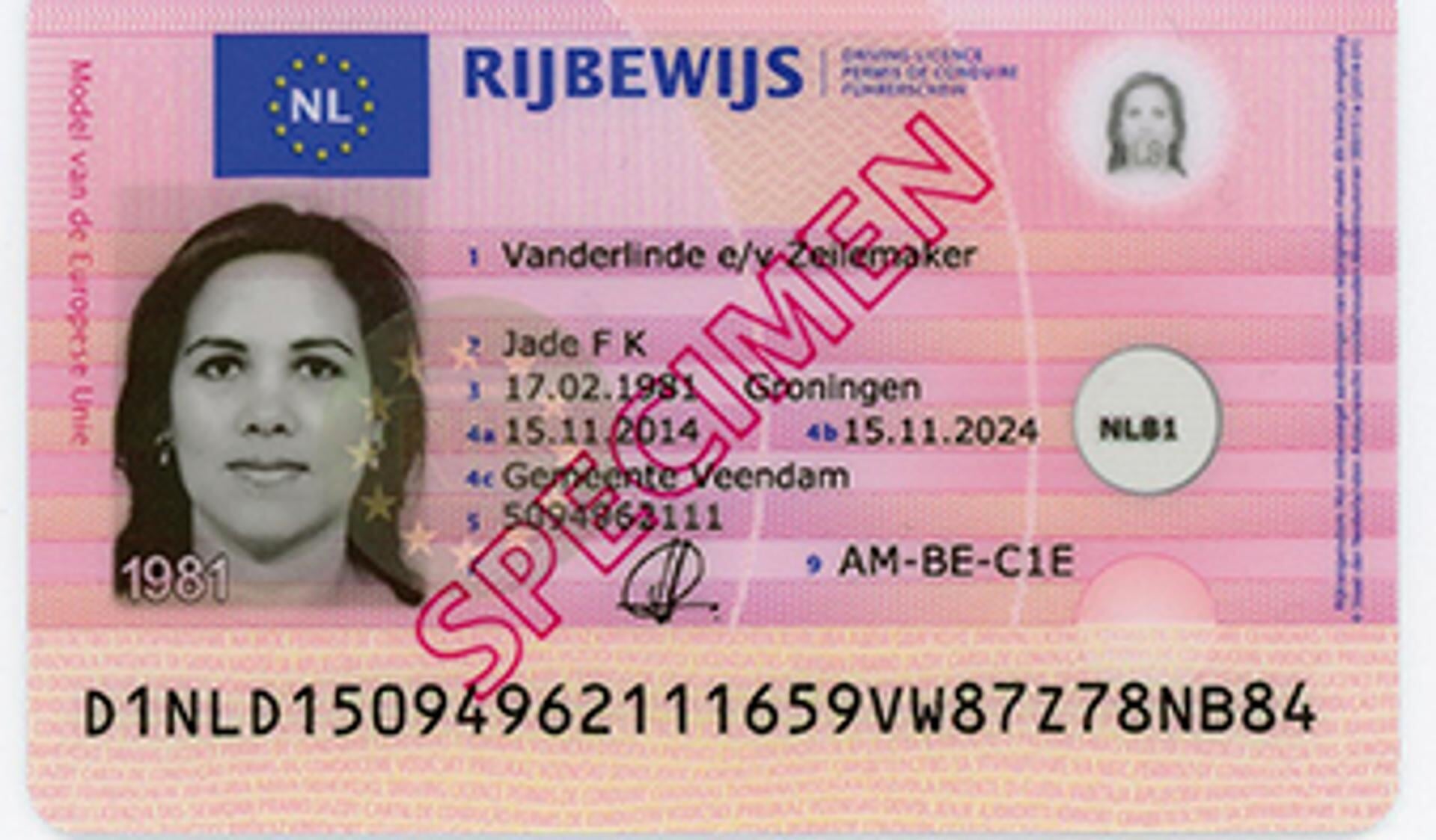 Voorbeeld van een Nederlands rijbewijs, uiteraard niet van de betreffende persoon van dit artikel.