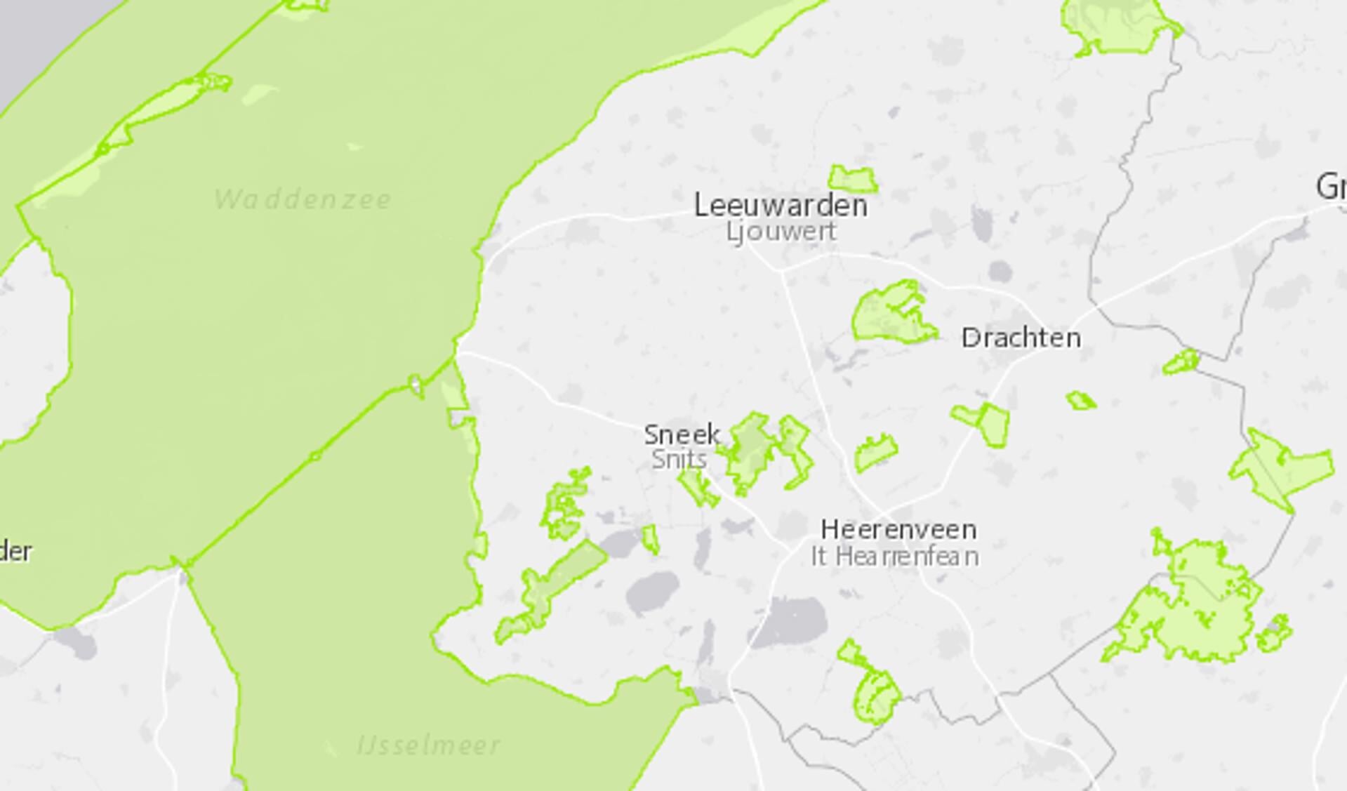 De Friese Natura 2000-gebieden zijn groen gekleurd.