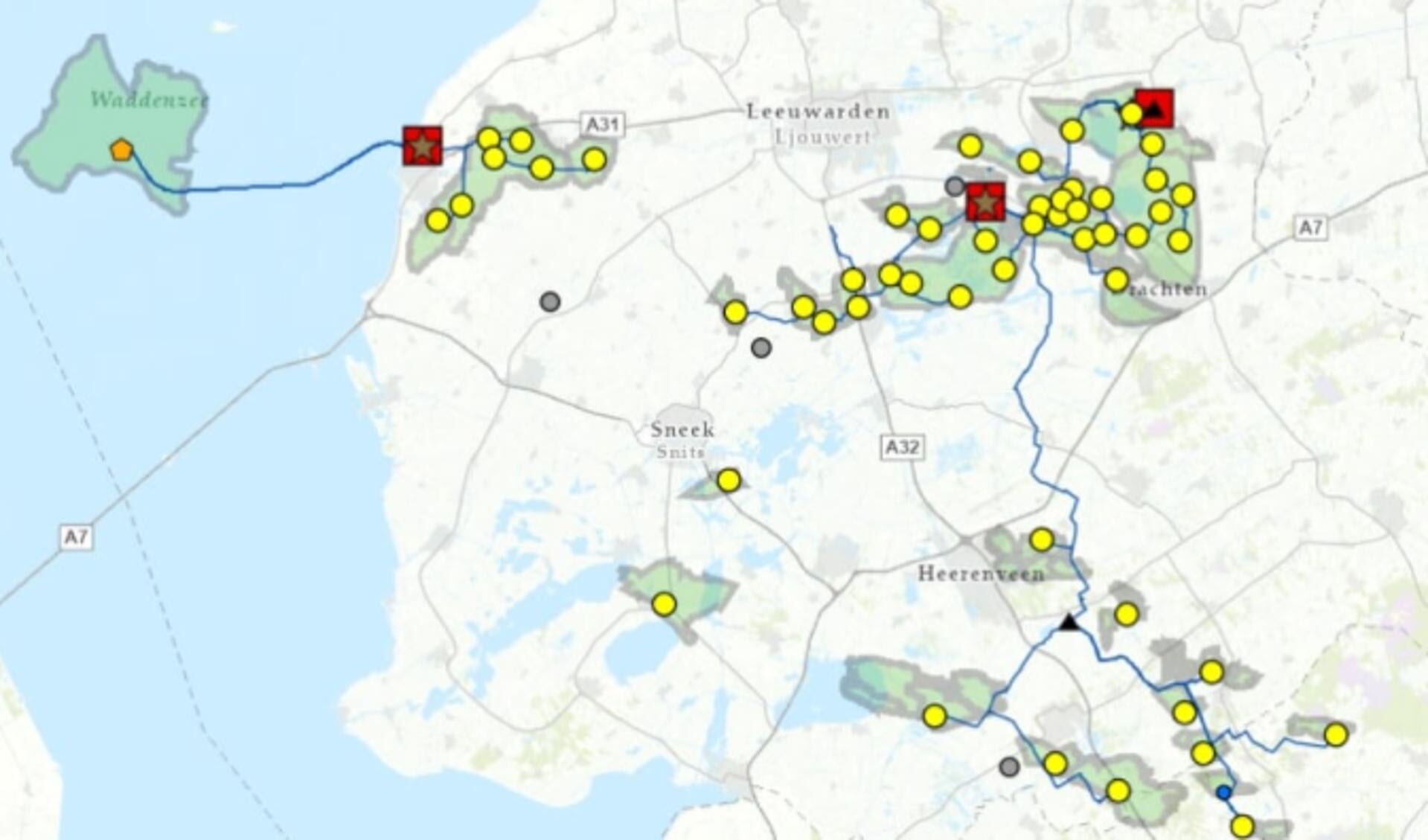 De gasvelden van Vermilion Energy in Friesland, globaal vanaf de Waddenzee en Harlingen via Leeuwarden (onder Sneek) en Heerenveen tot in de Stellingwerven.