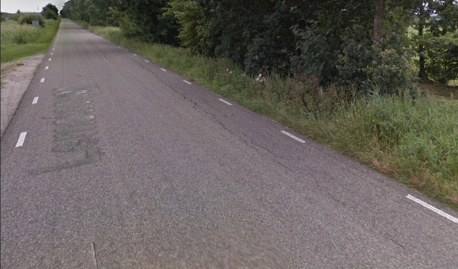 Een deel van de Lemsterweg bij Langelille. De scheuren in het asfalt zijn duidelijk zichtbaar.