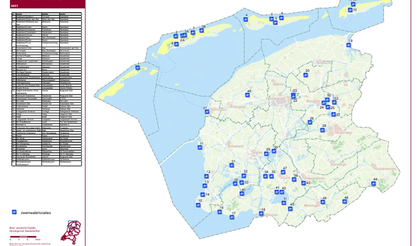 Plattegrond met de 53 locaties voor buiten zwemmen in de provincie Friesland.
