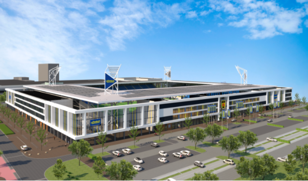 Artist impression van het beoogde nieuwe stadion van voetbalclub Cambuur.