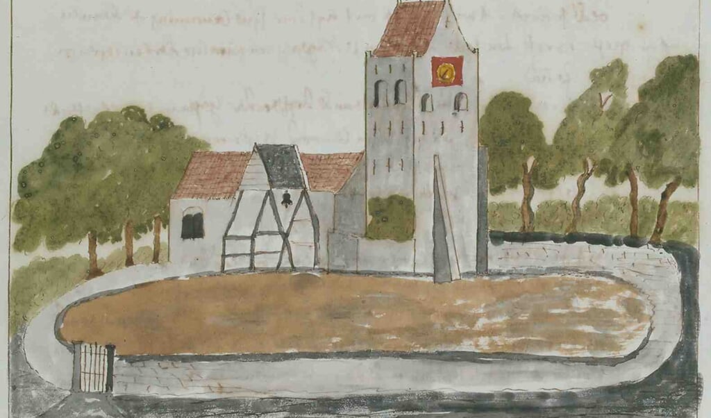 Een getekende afbeelding van de kerk in Oudeschoot