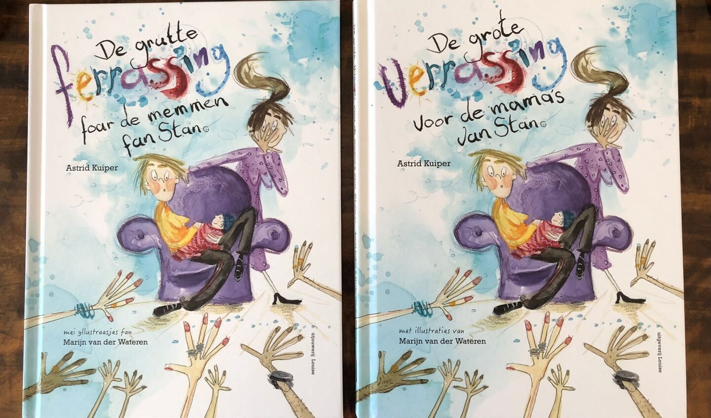 De covers van de Nederlandse en Fryske versie van 'De grote verrassing voor de mama's van Stan'.