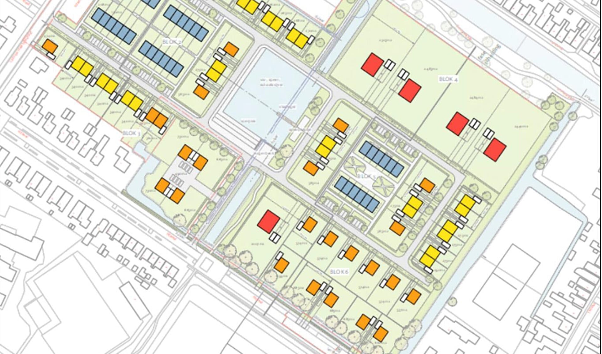 Verdeling van woningen, wegen en waterpartijen in plan De Vrieswijck zoals omschreven in het bestemmingsplan.  