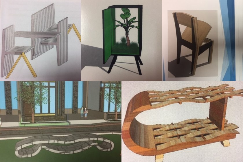Met de klok mee, beginnend linksboven: de dynamische zitplek van Joep de Ruijter, 'the repairing cupboard' van Zoë Sperling, telefoonoplaadstoel van Thijs Vriezekolk, de openbare zitplek van Ruben Scheuermann en de zeespiegel van Rick Verwiel en Bodhi Remie.