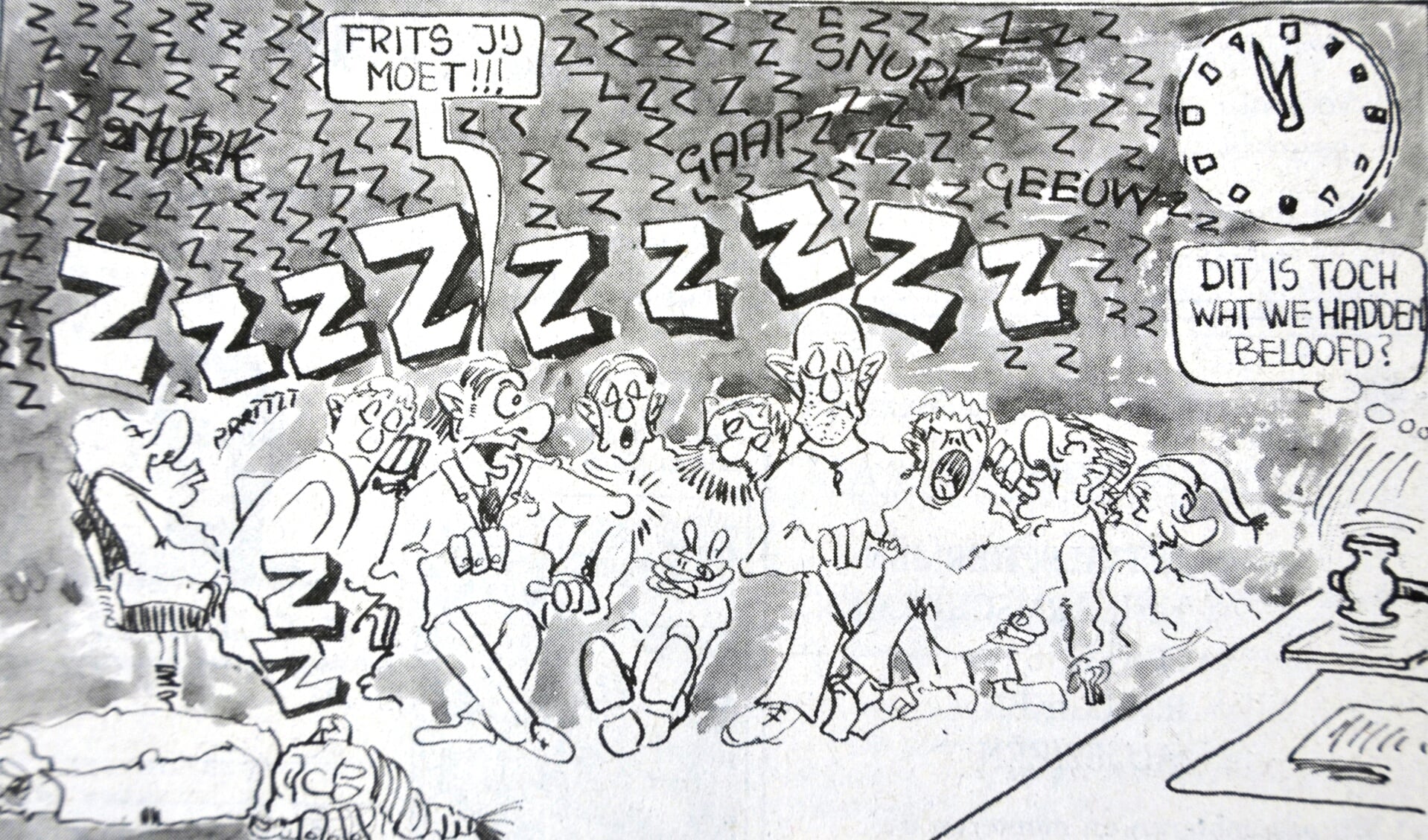 Cartoon over slaapverwekkende bijeenkomst.