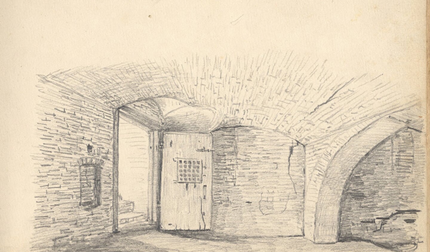 Tekening van de kelder onder de Weezenschuur, bij het postkantoor, van Pieter Simon Bakels, gedateerd 17 Mei 1886. 
