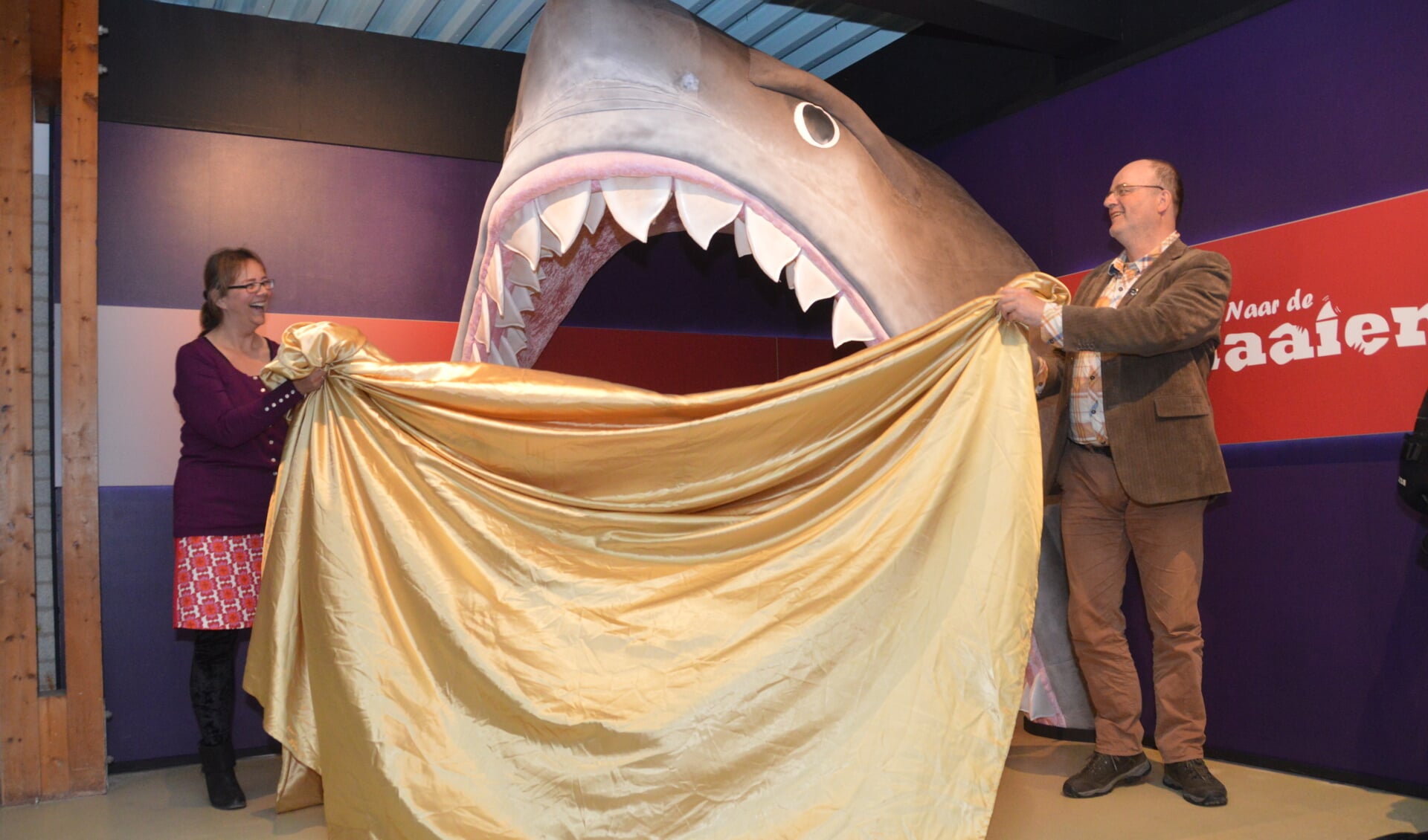 Directeur Pauline Folkerts en conservator Arthur Oosterbaan onthullen de gigantische haaienkop gemaakt door Ecomare-medewerkster Ria Wagenmaker. (Foto Job Schepers).