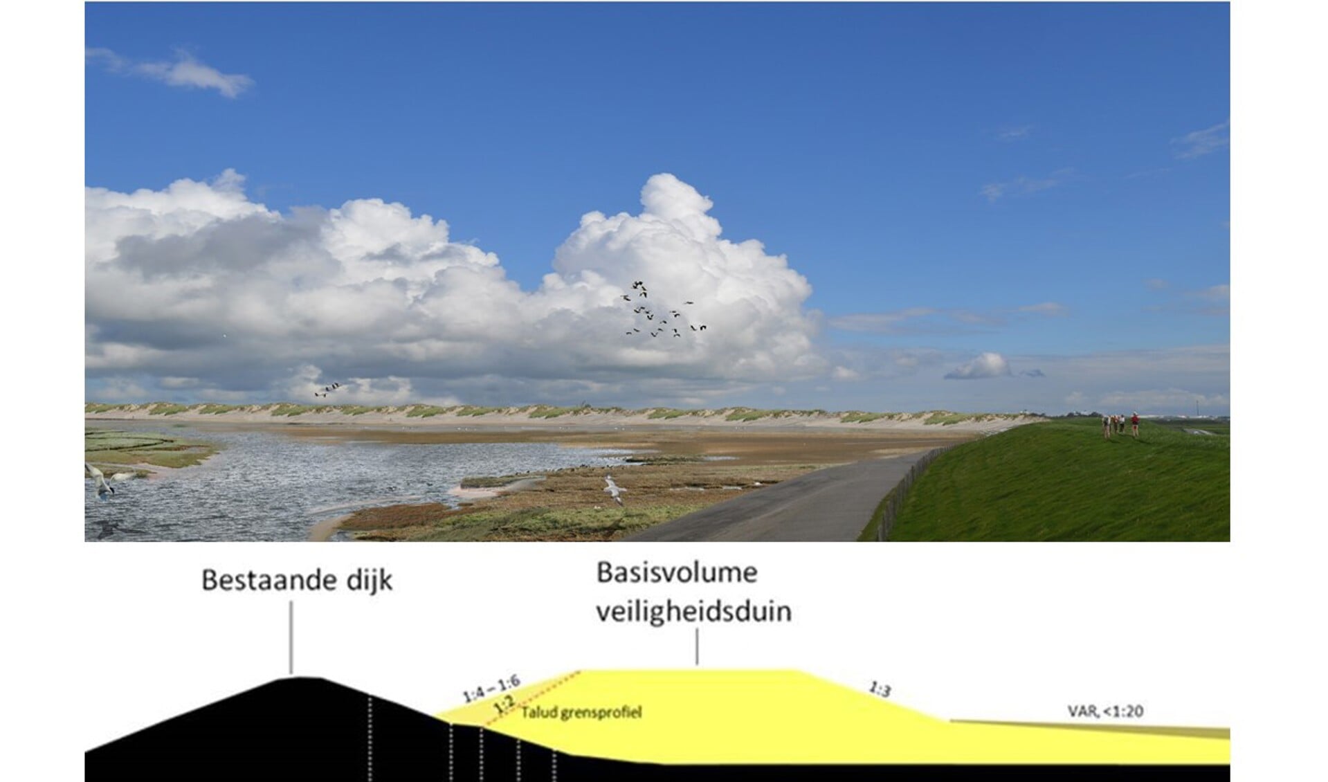 Boven de artist-impression van de zandige dijk bij de PH-polder, onder de tekening van de dwarsdoorsnede. 
