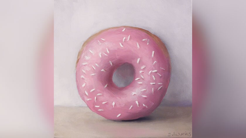 Serge de Vries: Roze donut, 14 x 14 cm.