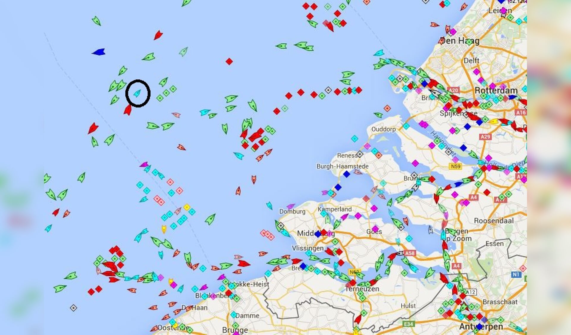 De Texelstroom ter hoogte van Zeeland dinsdag aan het einde van de middag. (Afbeelding Marine Traffic)