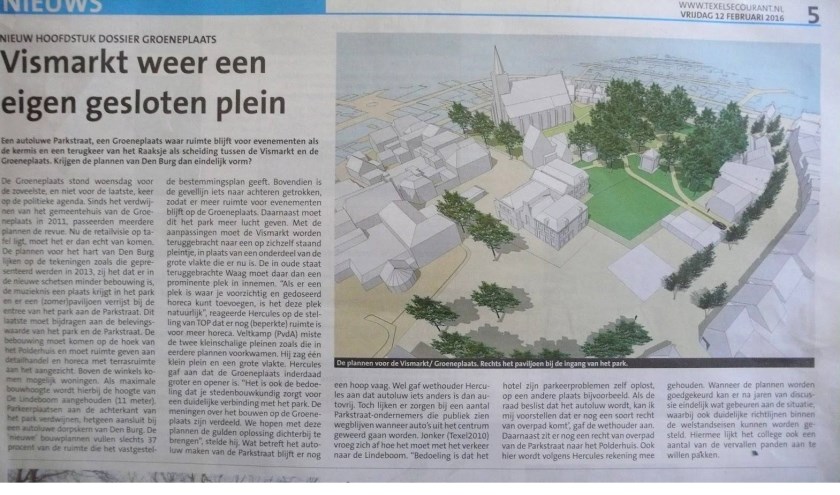 De plannen voor de Groeneplaats werden in de Texelse Courant onder meer besproken begin 2016.