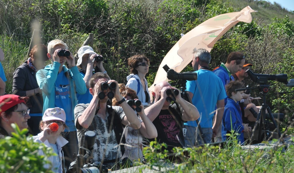 Bezoekers van het Wadden Vogelfestival in 2016 aan de noordkant van de Slufter.