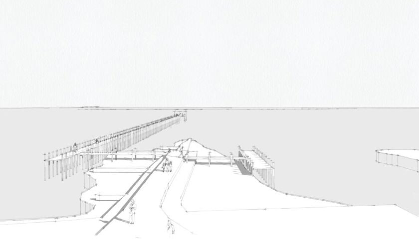 Tekening van de wadsteiger die bij De Cocksdorp moet komen. De steiger ligt naast het 'haventje van Sil' dat volgens de Stichting Waterrijke Perspectieven intact zoals die is. De nieuwe steiger krijgt hetzelfde uiterlijk als de huidige steiger bij het haventje.