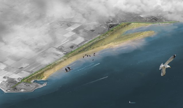 Impressie van de zanddijk die bij de PH-polder moet ontstaan.