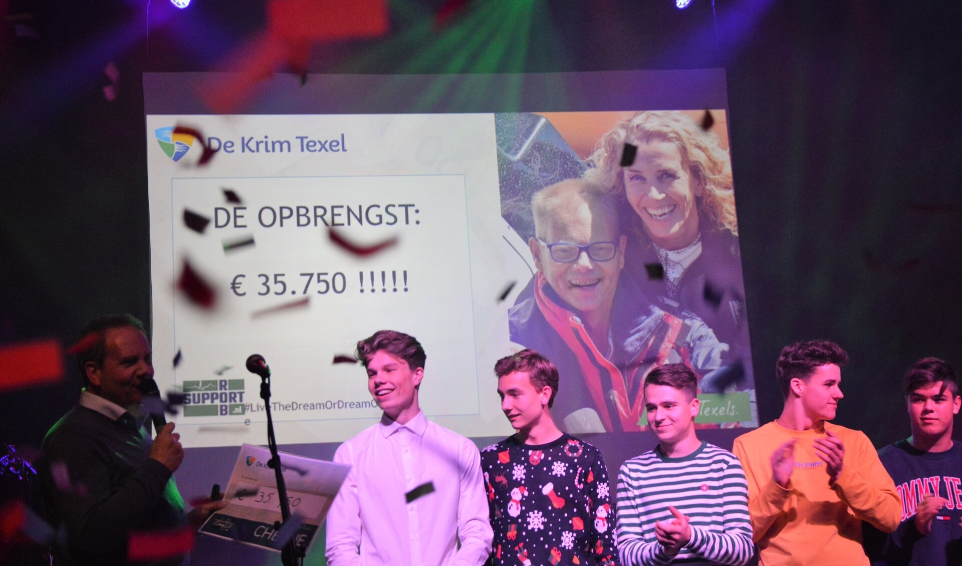 Krim-directeur Iwan Groothuis overhandigt de cheque met daarop de opbrengst van de avond aan de voetballers. 