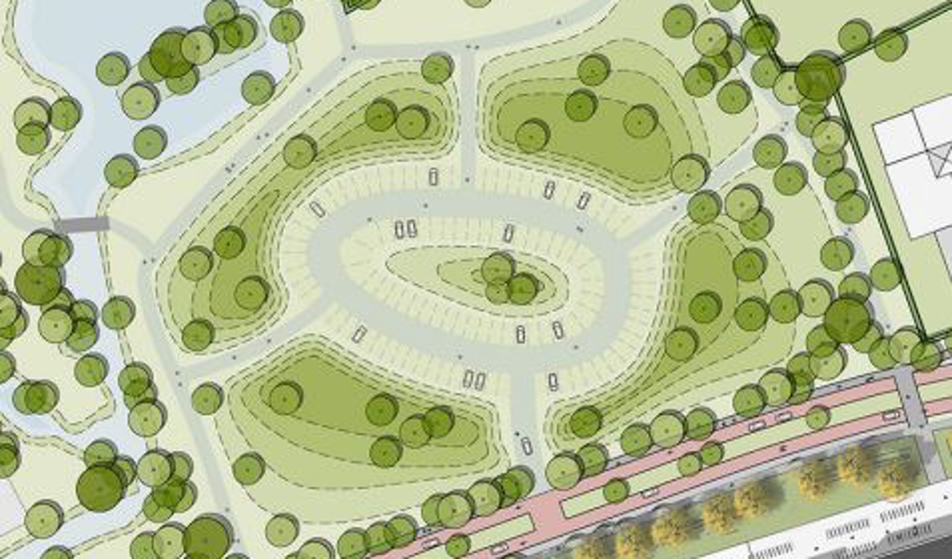 Uitsnede van de huidige ijsbaan uit het plan voor herinrichting van de openbare ruimte van Den Burgt-Zuid. Het is ingetekend als parkeerterrein in een parkachtige omgeving.  