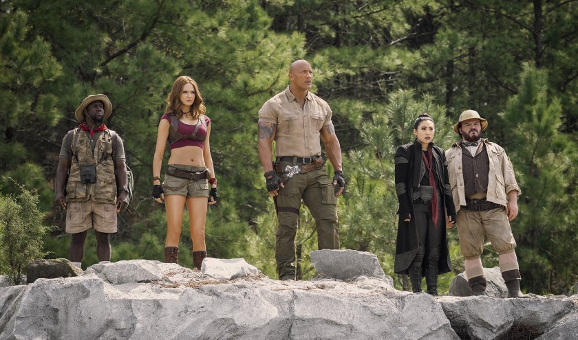 Kevin Hart, Karen Gillan, Dwayne Johnson, Awkwafina and Jack Black in Jumanji The Next Level.