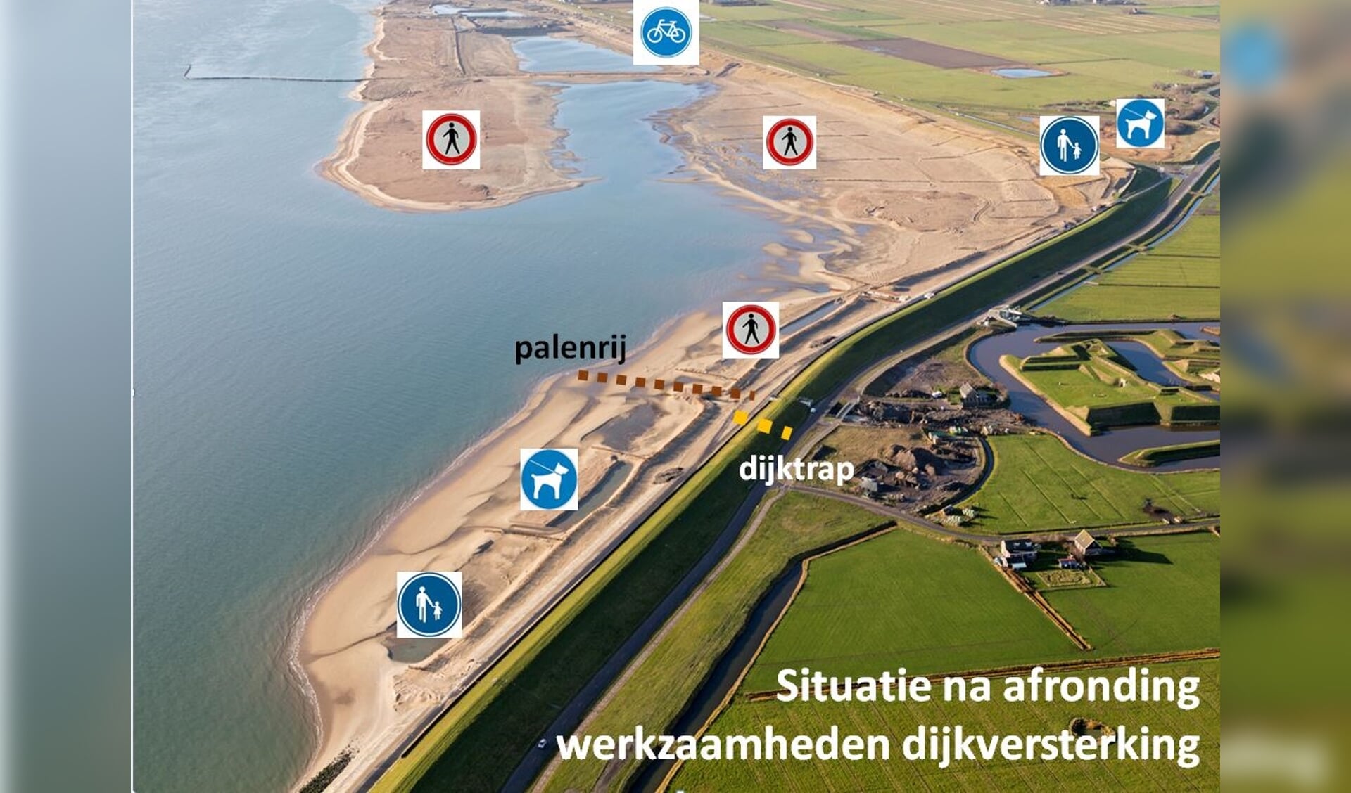 Met blauwe borden is aangegeven welke deel van het nieuwe gebied bij de nieuwe PH-zanddijk na voltooiing toegankelijk is.