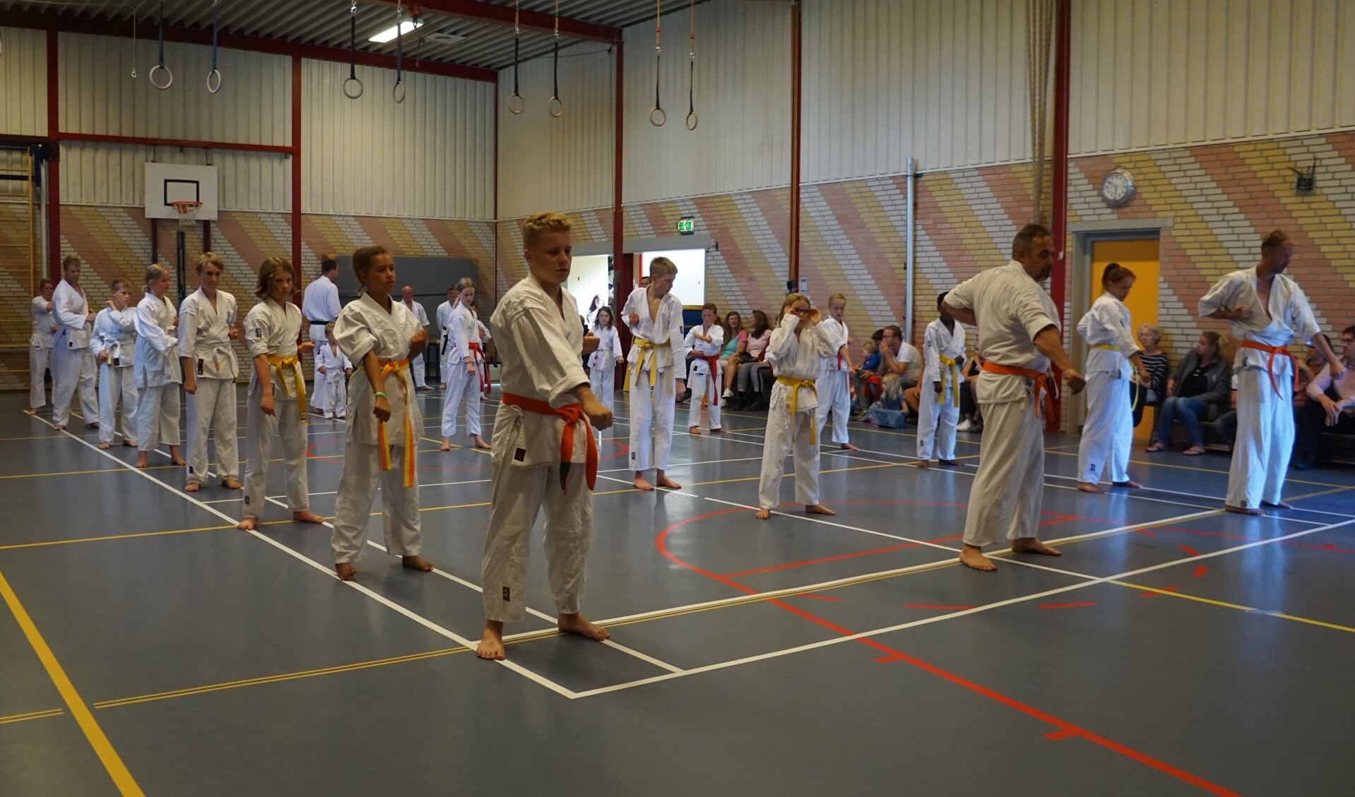Leden van Shima leggen het karate-examen af.