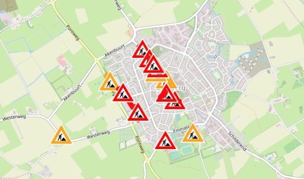 Kaartje op de website van de gemeente met een overzicht van de wegwerkzaamheden in Den Burg.